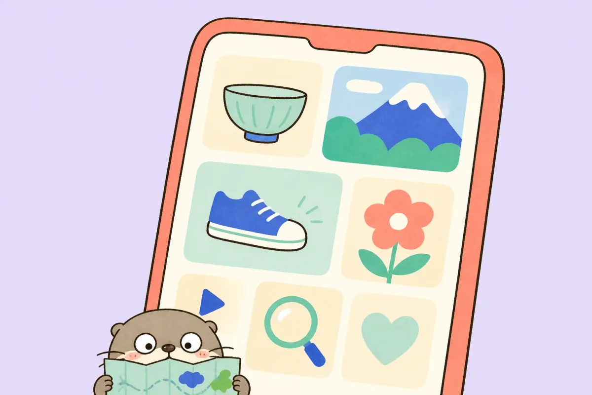 The Moyu otter studies an upside-down map beside an oversized phone filled with visual discovery tiles